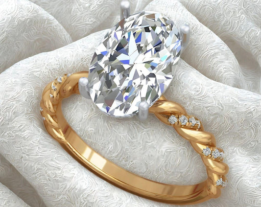 4 Ct Oval Lab Grown Diamond Ring: 14K Gold Twisted Braided Band