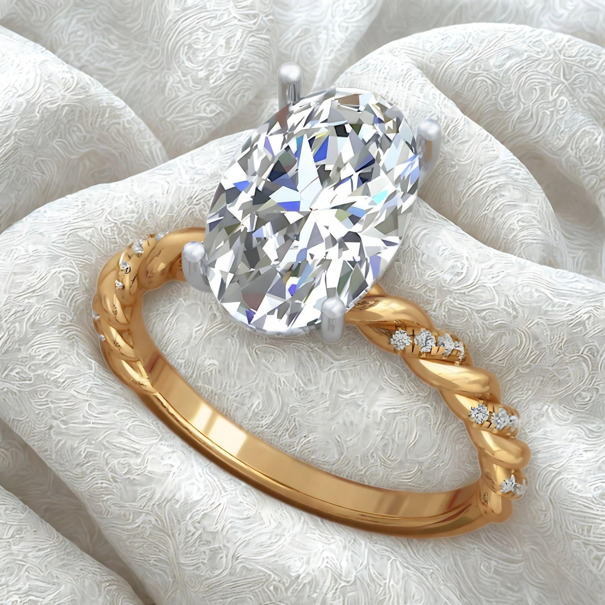 4 Ct Oval Lab Grown Diamond Ring: 14K Gold Twisted Braided Band