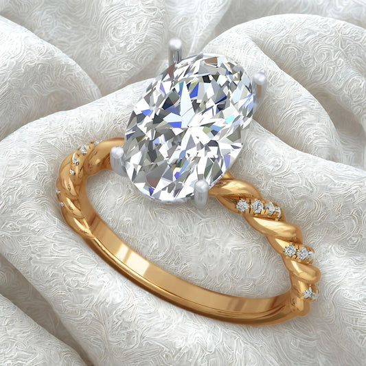 4 Ct Oval Lab Grown Diamond Ring: 14K Gold Twisted Braided Band