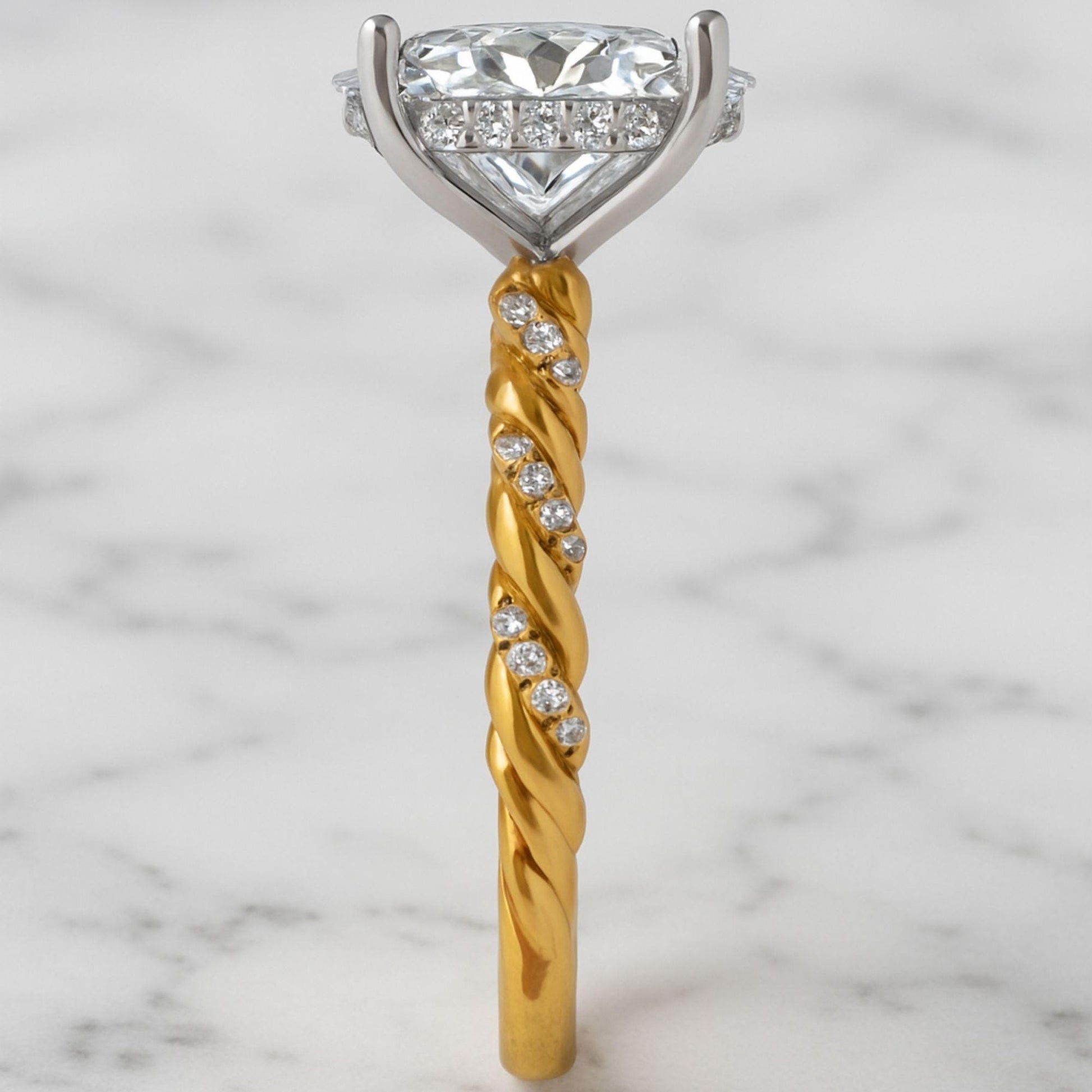 4 Ct Oval Lab Grown Diamond Ring: 14K Gold Twisted Braided Band