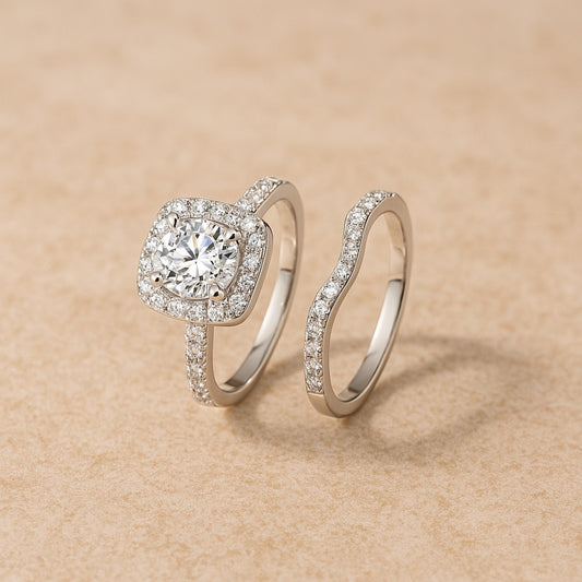 2-Piece Lab-Grown Diamond Bridal Ring Set – 925 Sterling Silver Engagement Ring & Curved Wedding Band