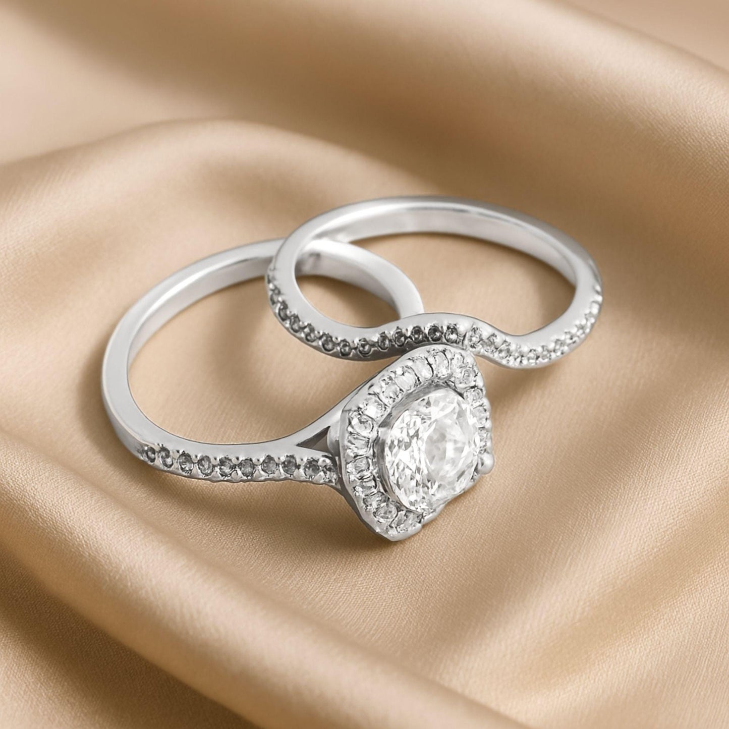 2-Piece Lab-Grown Diamond Bridal Ring Set – 925 Sterling Silver Engagement Ring & Curved Wedding Band