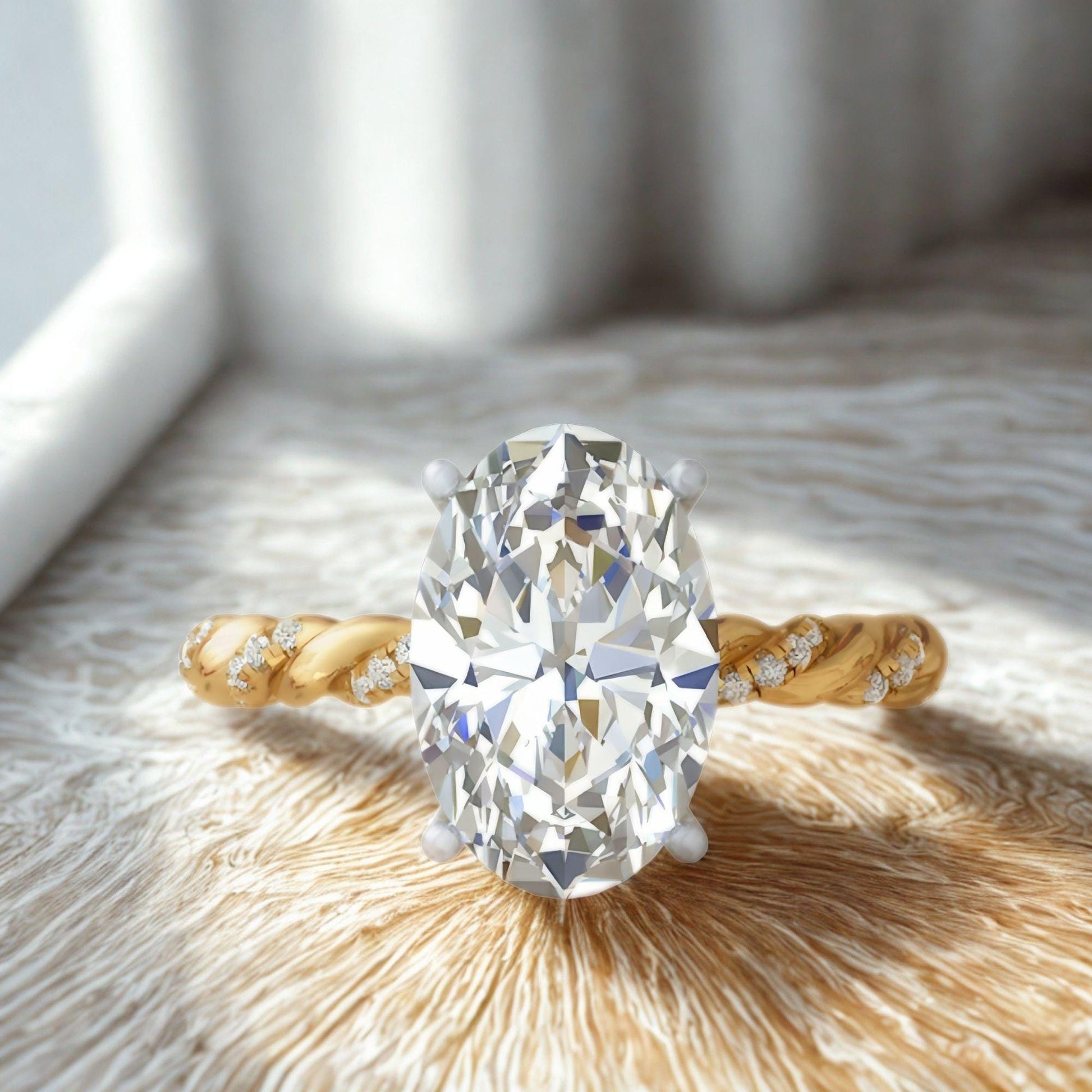 4 Ct Oval Lab Grown Diamond Ring: 14K Gold Twisted Braided Band