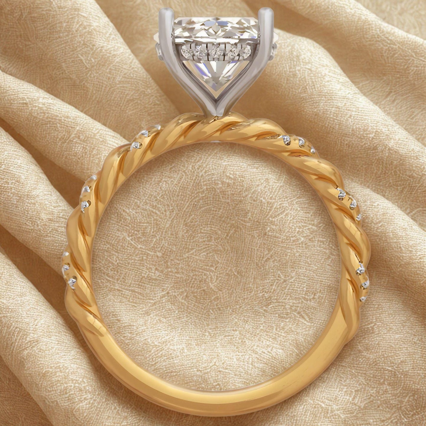 4 Ct Oval Lab Grown Diamond Ring: 14K Gold Twisted Braided Band