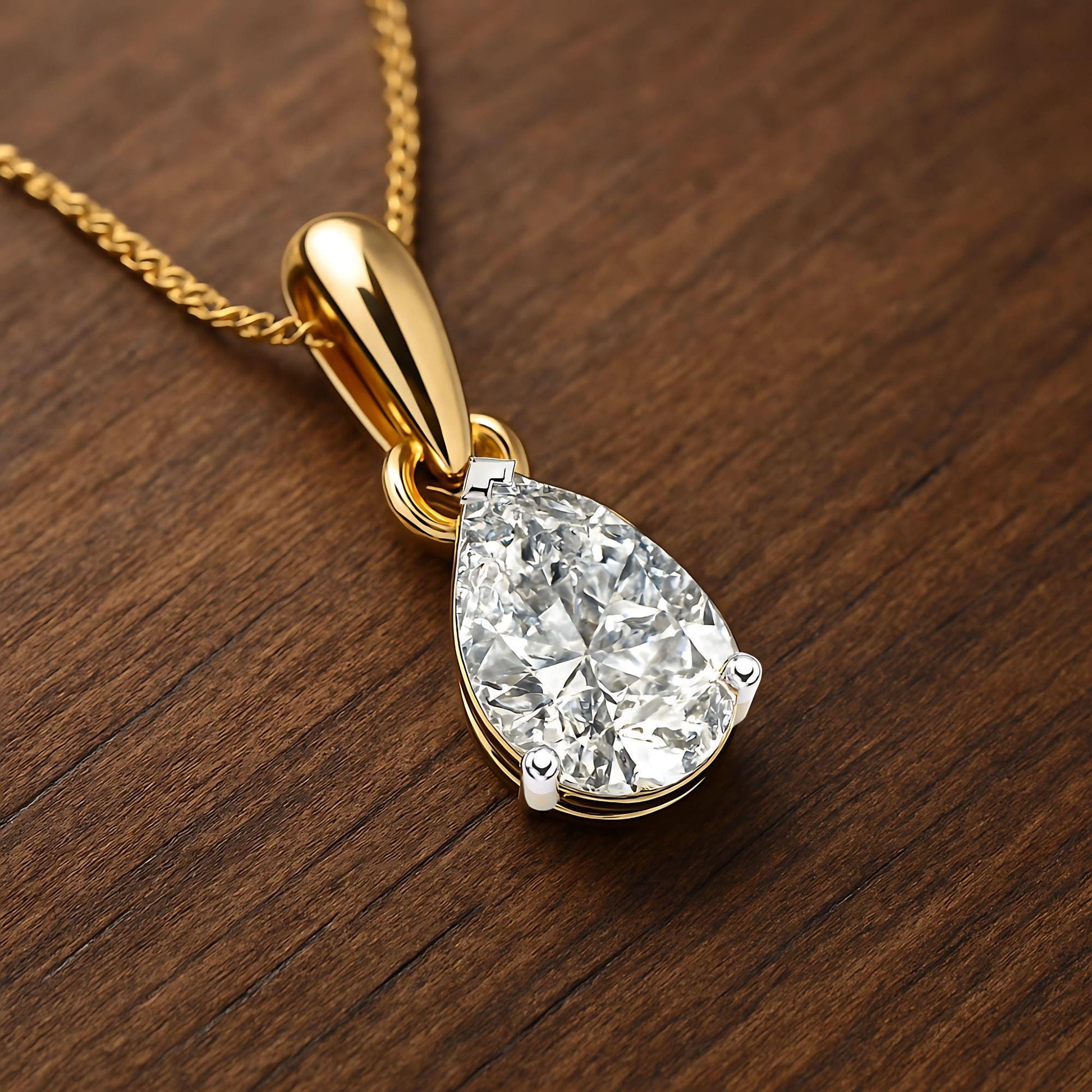 18K Gold Pear Cut Lab Diamond Necklace: Teardrop Solitaire Pendant