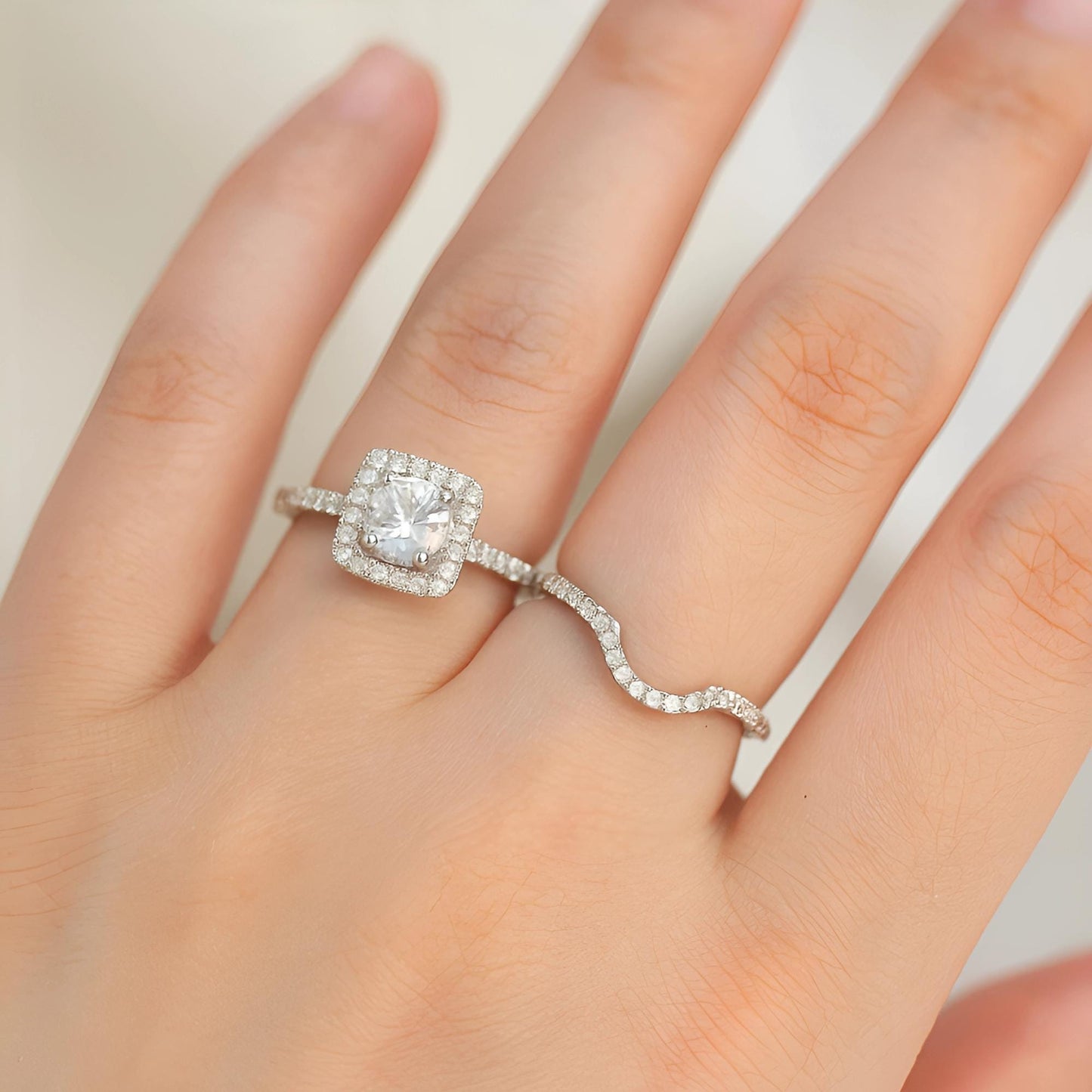 2-Piece Lab-Grown Diamond Bridal Ring Set – 925 Sterling Silver Engagement Ring & Curved Wedding Band