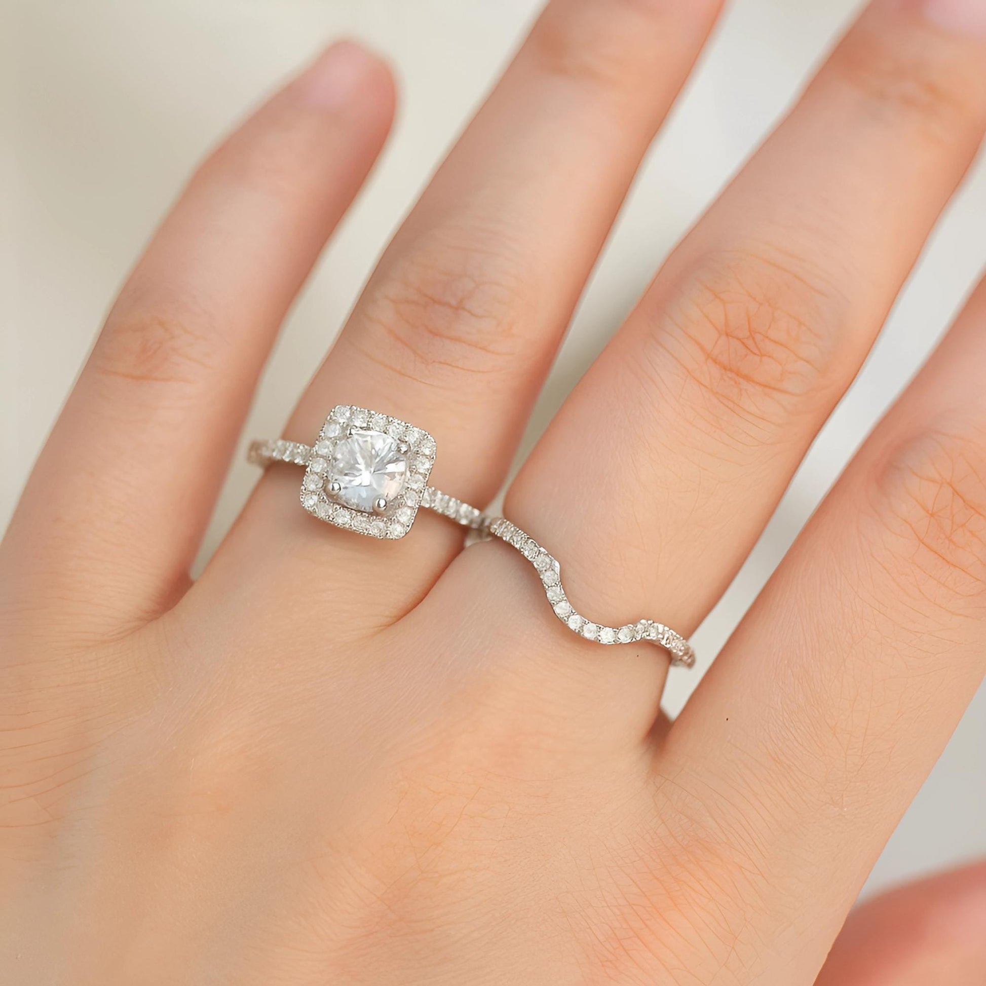 2-Piece Lab-Grown Diamond Bridal Ring Set – 925 Sterling Silver Engagement Ring & Curved Wedding Band