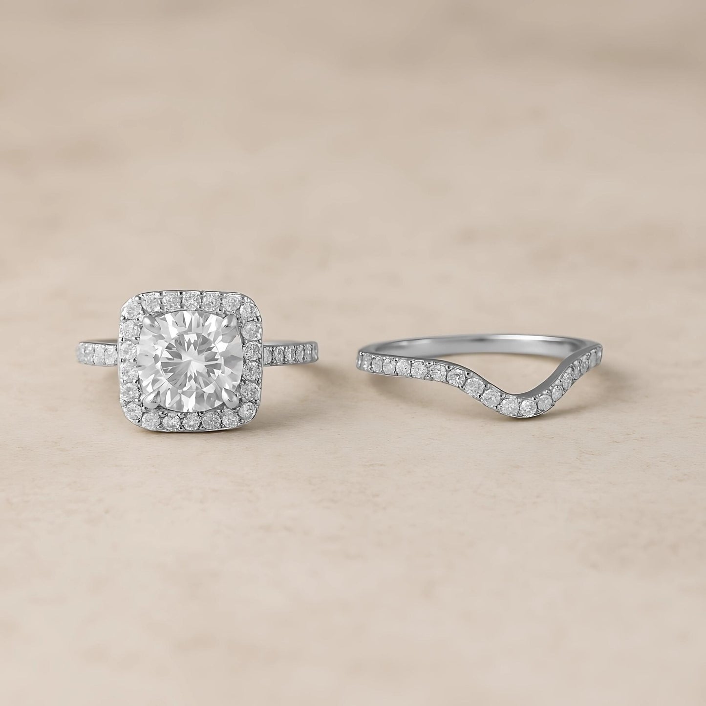 2-Piece Lab-Grown Diamond Bridal Ring Set – 925 Sterling Silver Engagement Ring & Curved Wedding Band