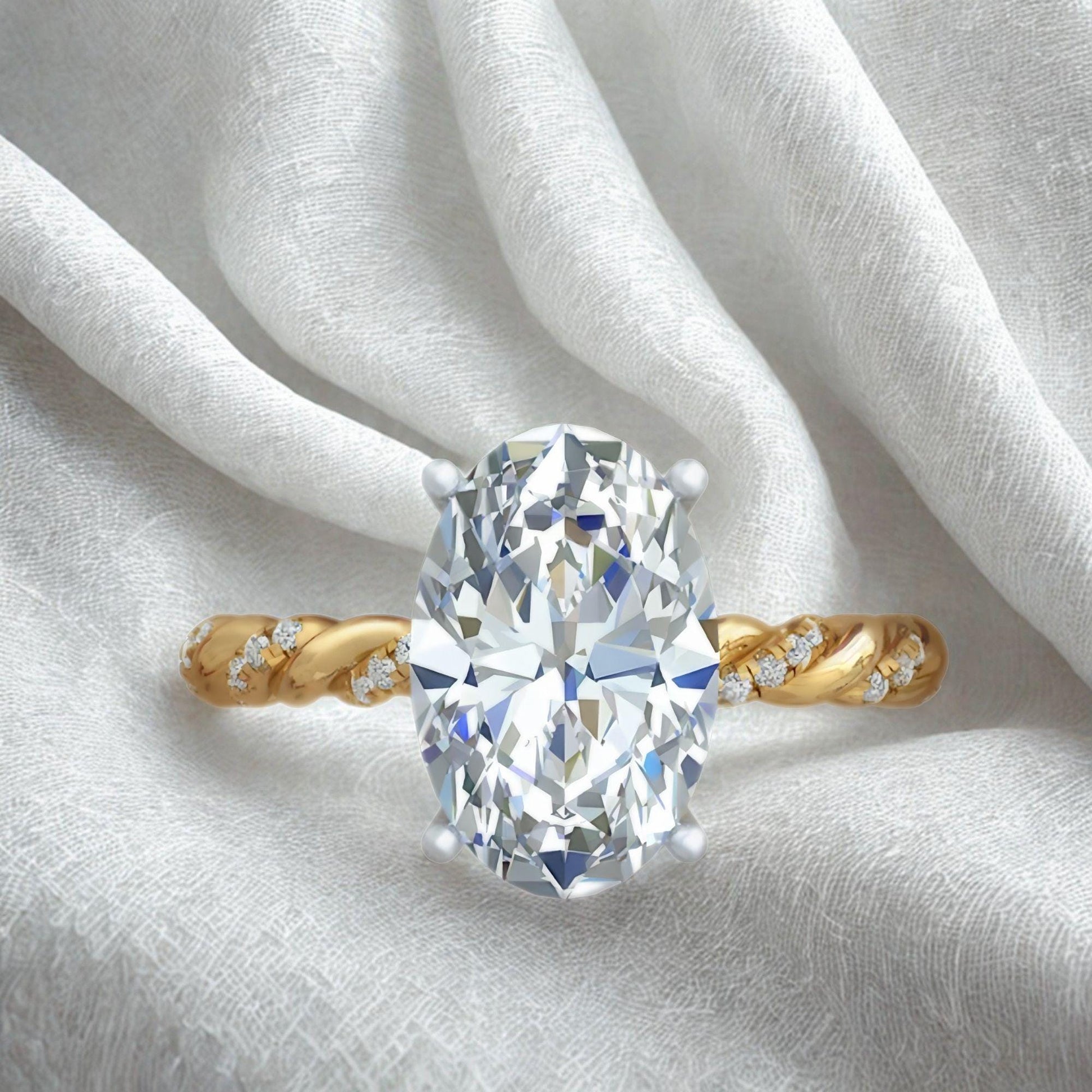 4 Ct Oval Lab Grown Diamond Ring: 14K Gold Twisted Braided Band