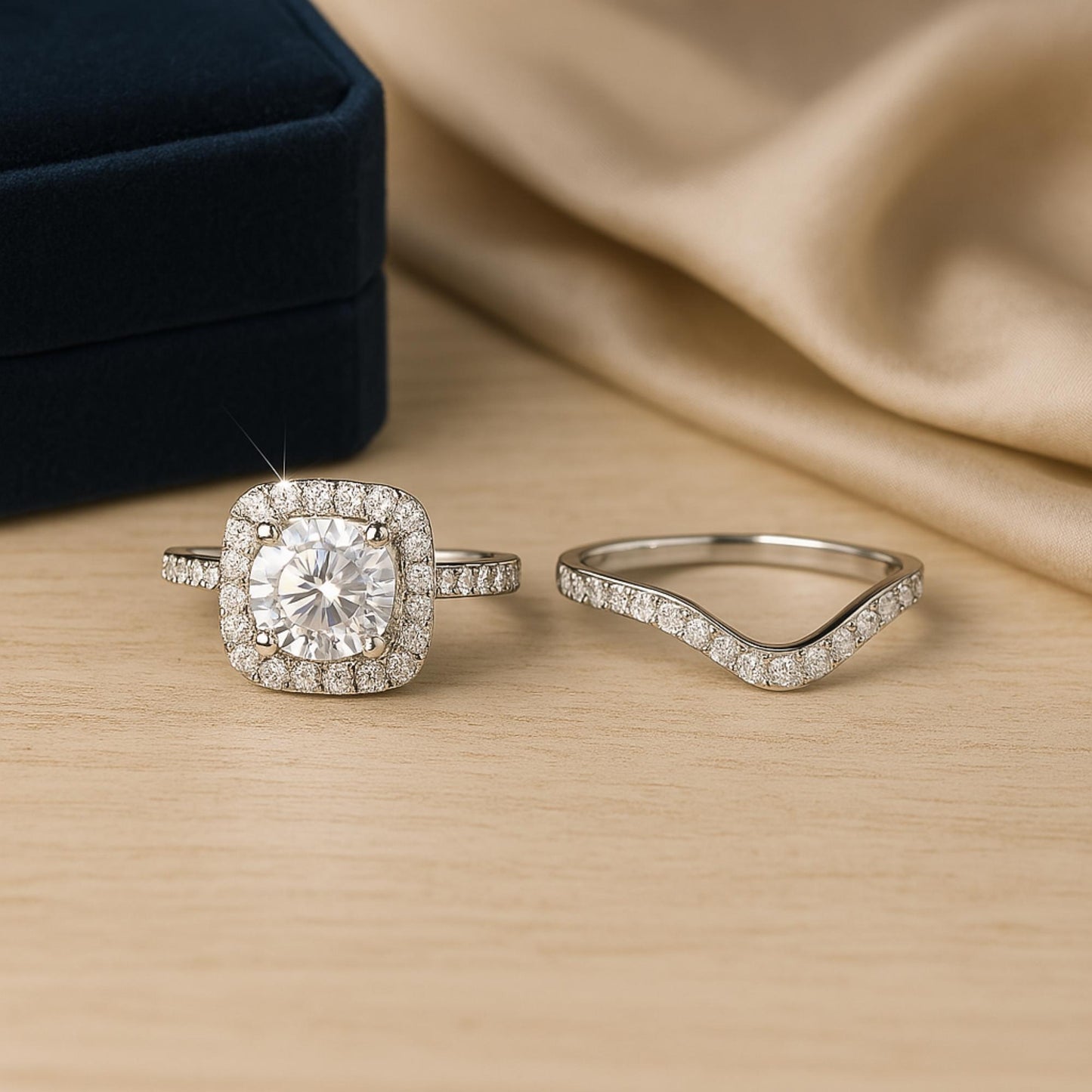 2-Piece Lab-Grown Diamond Bridal Ring Set – 925 Sterling Silver Engagement Ring & Curved Wedding Band