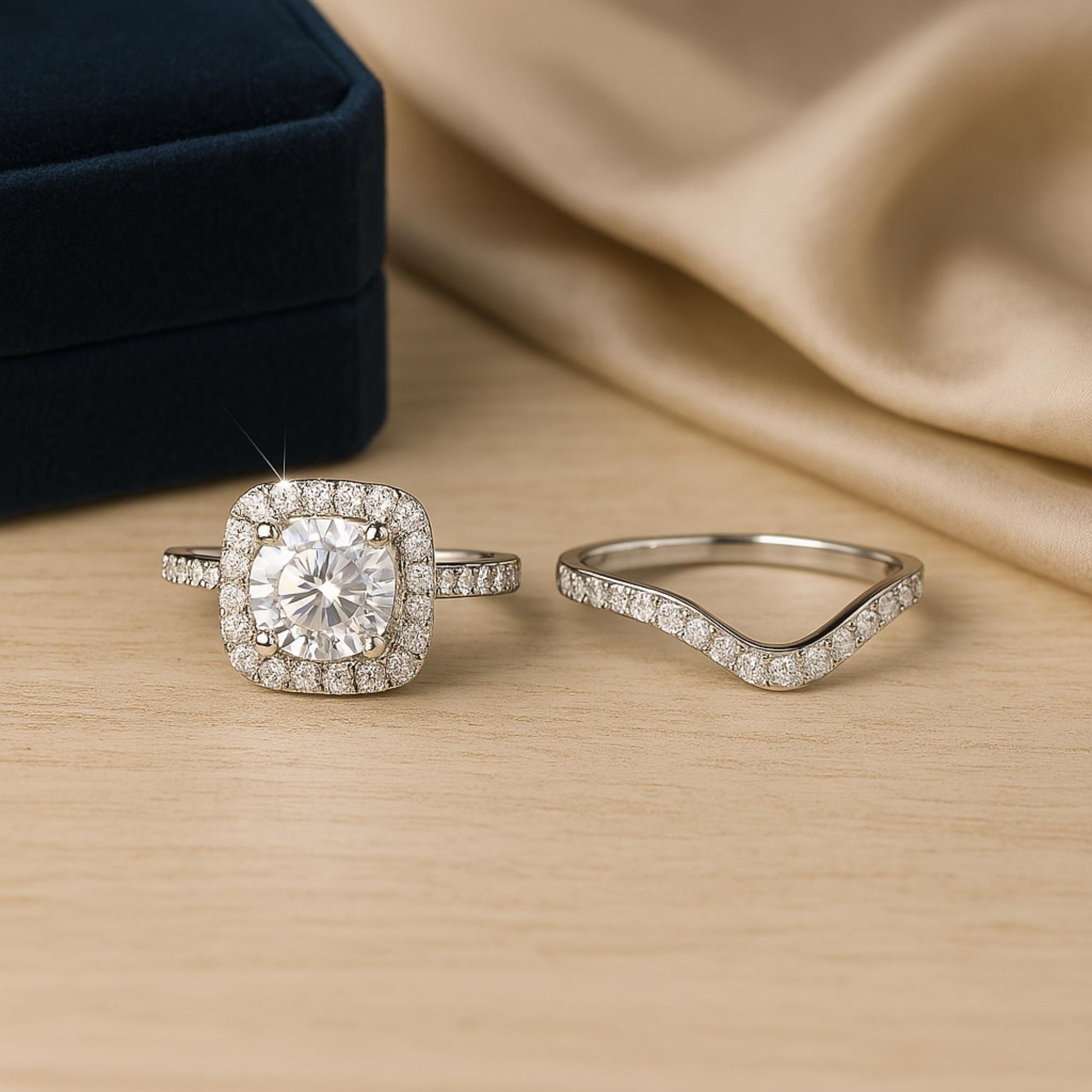 2-Piece Lab-Grown Diamond Bridal Ring Set – 925 Sterling Silver Engagement Ring & Curved Wedding Band